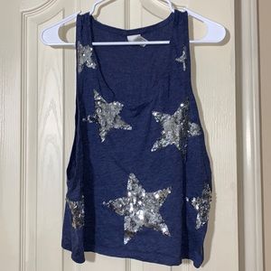VS PINK Blue Tank with Sequin Silver Stars